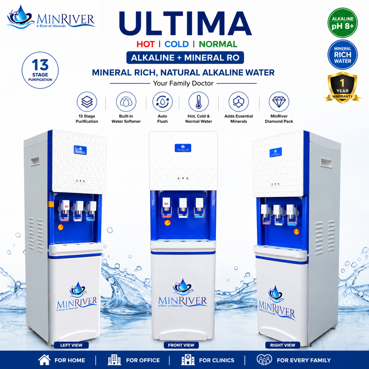 MinRiver Ultima (Hot, Cold and normal Water Dispenser with Alkaline +Mineral RO system)